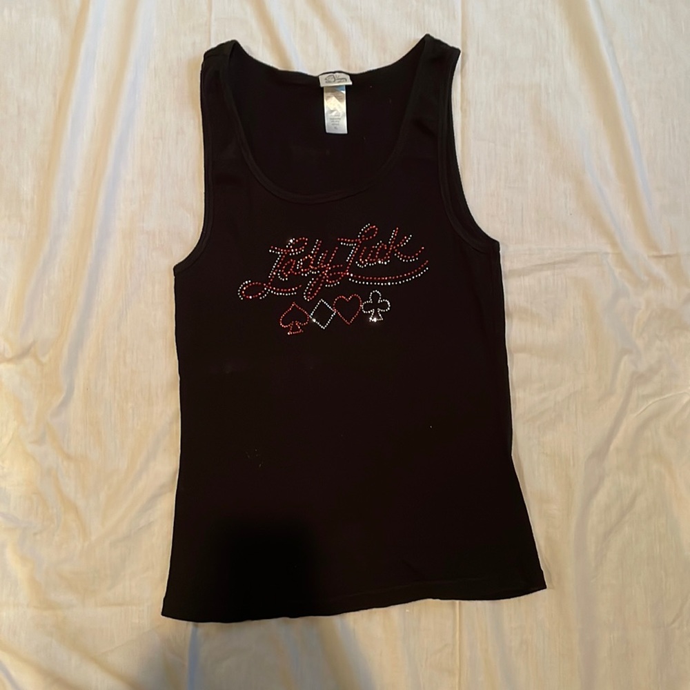 Black ribbed tank top with Lady Luck sequins
